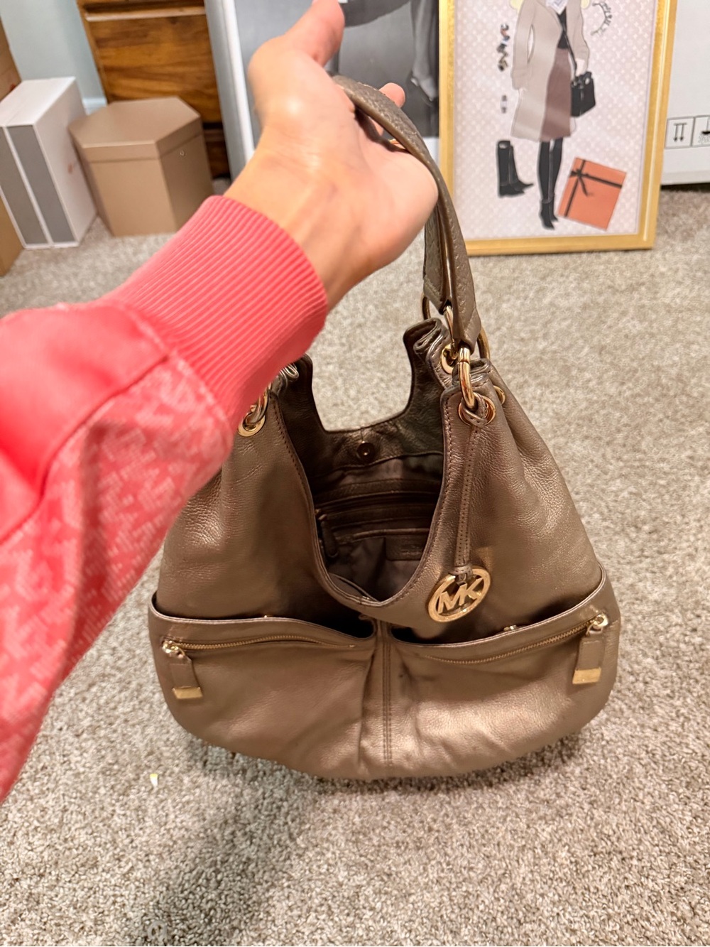 Michael Kors Taupe Leather Shoulder Hobo with Gold MK Charm